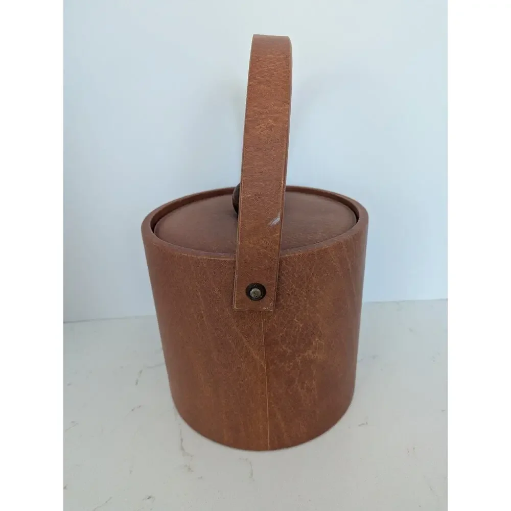 Vtg MCM Brown Faux Leather Ice Bucket Barware Wood Knob Retro 60s 70s